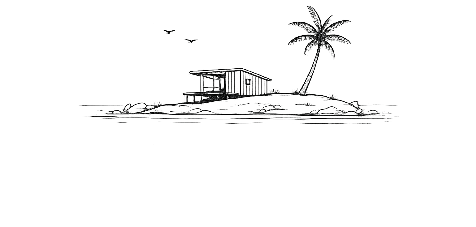 A tiny island with a palm tree, a small cabin, calm waves, and two birds