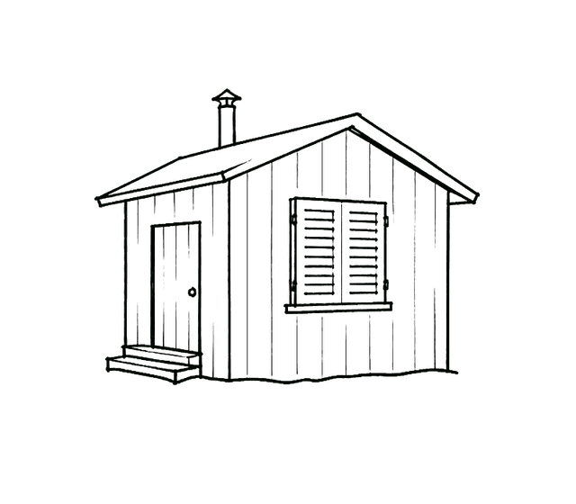 A small cabin with a closed shuttered window